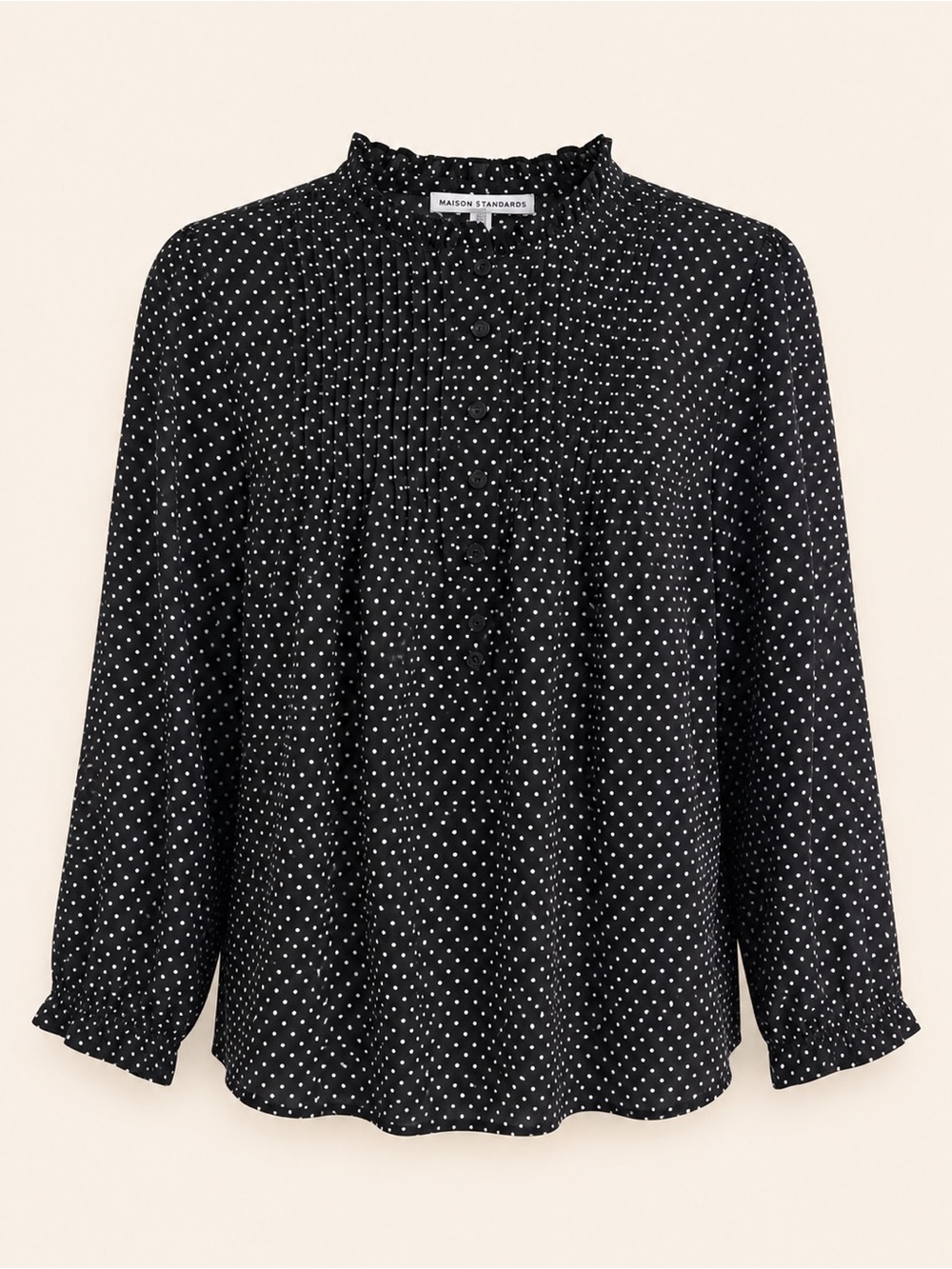 Maison d’Amelie Paris Polka Dot Pintuck Ruffle Neck Blouse